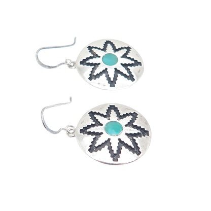 TEME SUNBURST Old Pawn Sterling Silver Vintage 1968 Turquoise Flower Earrings