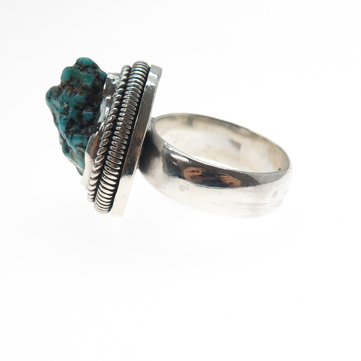 925 Sterling Silver Vintage Real Turquoise Modernist Ring Size 11.5