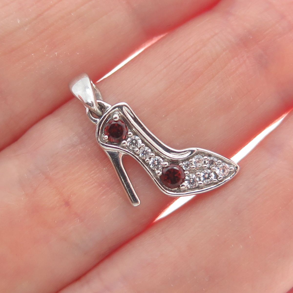 925 Sterling Silver Real Round-Cut Red Garnet & C Z High Heel Shoe Mini Pendant
