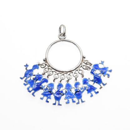925 Sterling Silver Vintage Italy Enamel Children Multi-Charm Pendant