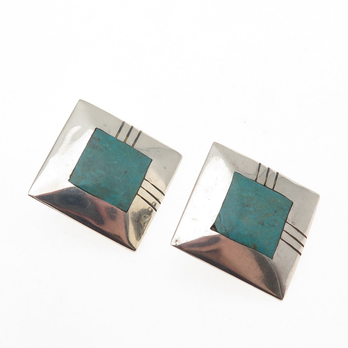 Old Pawn Sterling Silver Vintage Southwestern Turquoise Tribal Clip On Earrings