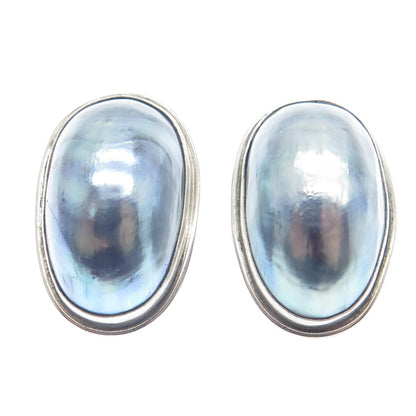 ELYSE 925 Sterling Silver Vintage Real Blue Seashell Oval Clip On Earrings