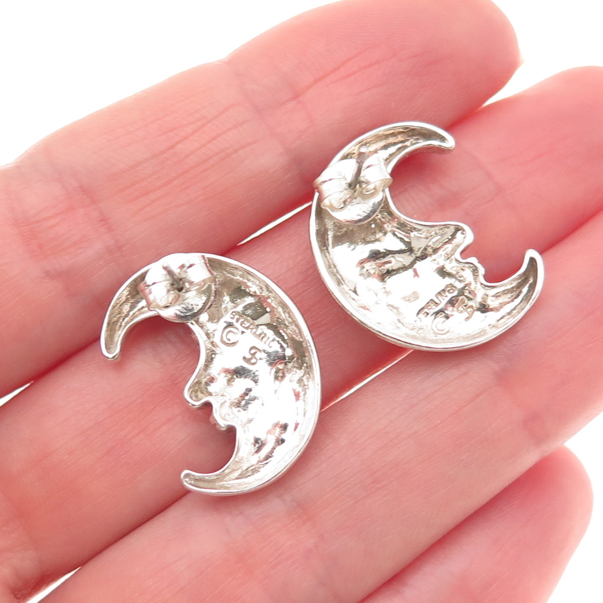SHUBE 925 Sterling Silver Vintage Crescent Man in the Moon Modernist Earrings