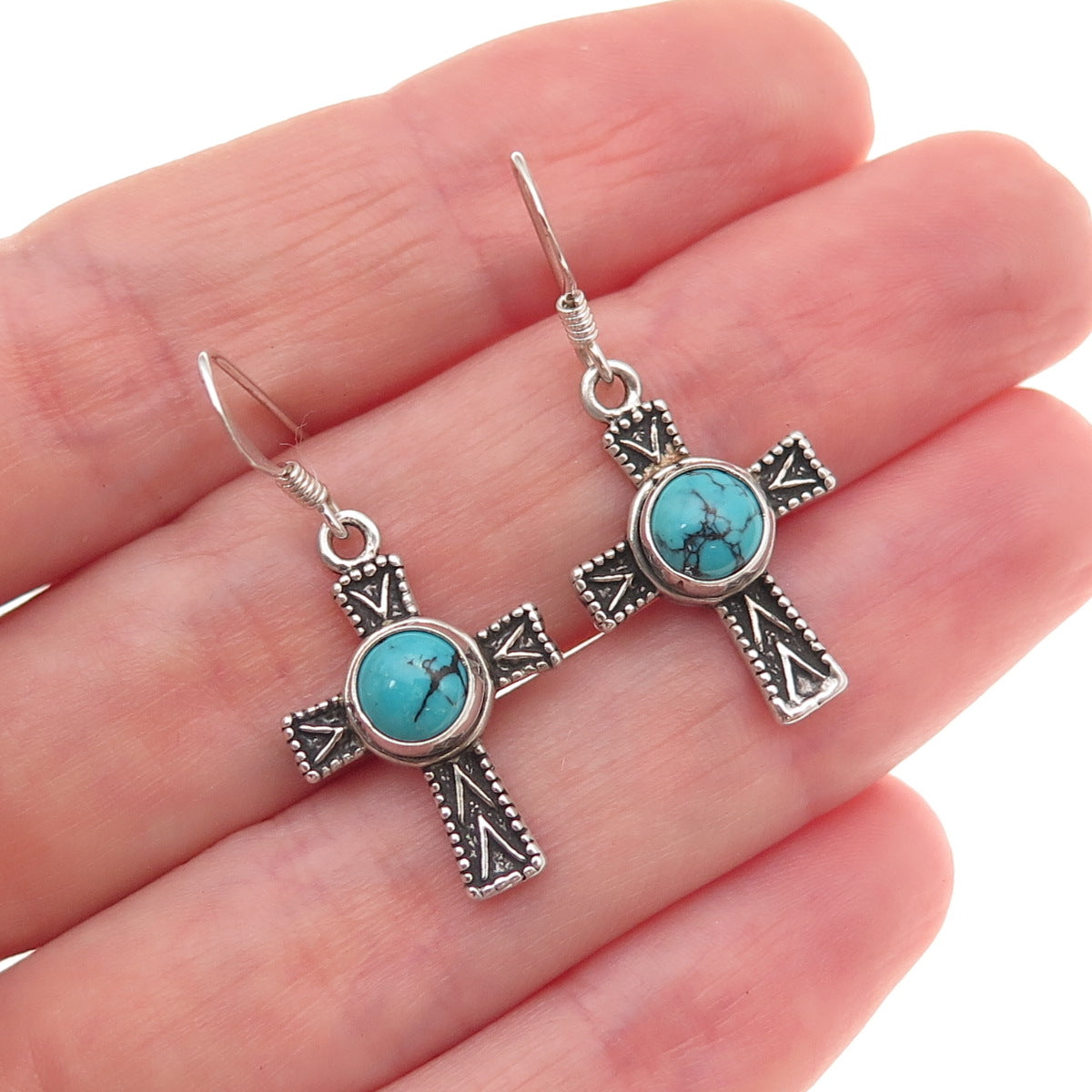 925 Sterling Silver Vintage Real Turquoise Cross Oxidized Dangle Earrings