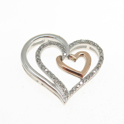 SUN 10K Rose Gold & 925 Sterling Silver Real Diamond Heart Slide Pendant