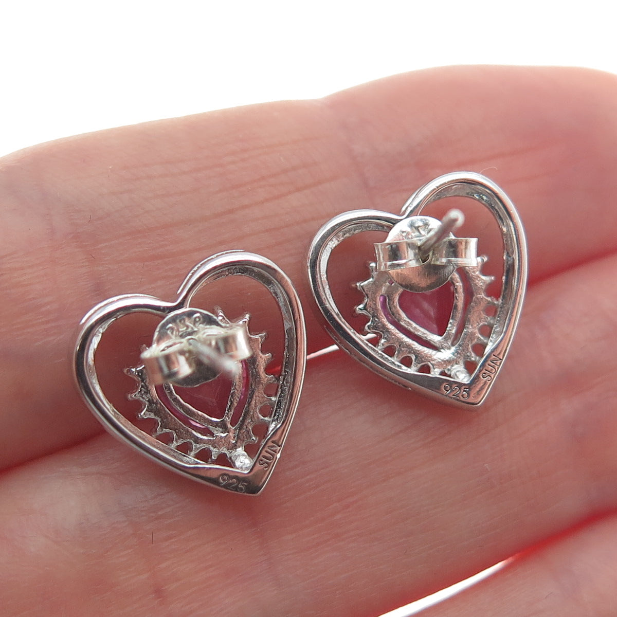 SUN 925 Sterling Silver Real Pink Sapphire Heart Stud Earrings