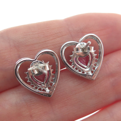 SUN 925 Sterling Silver Real Pink Sapphire Heart Stud Earrings