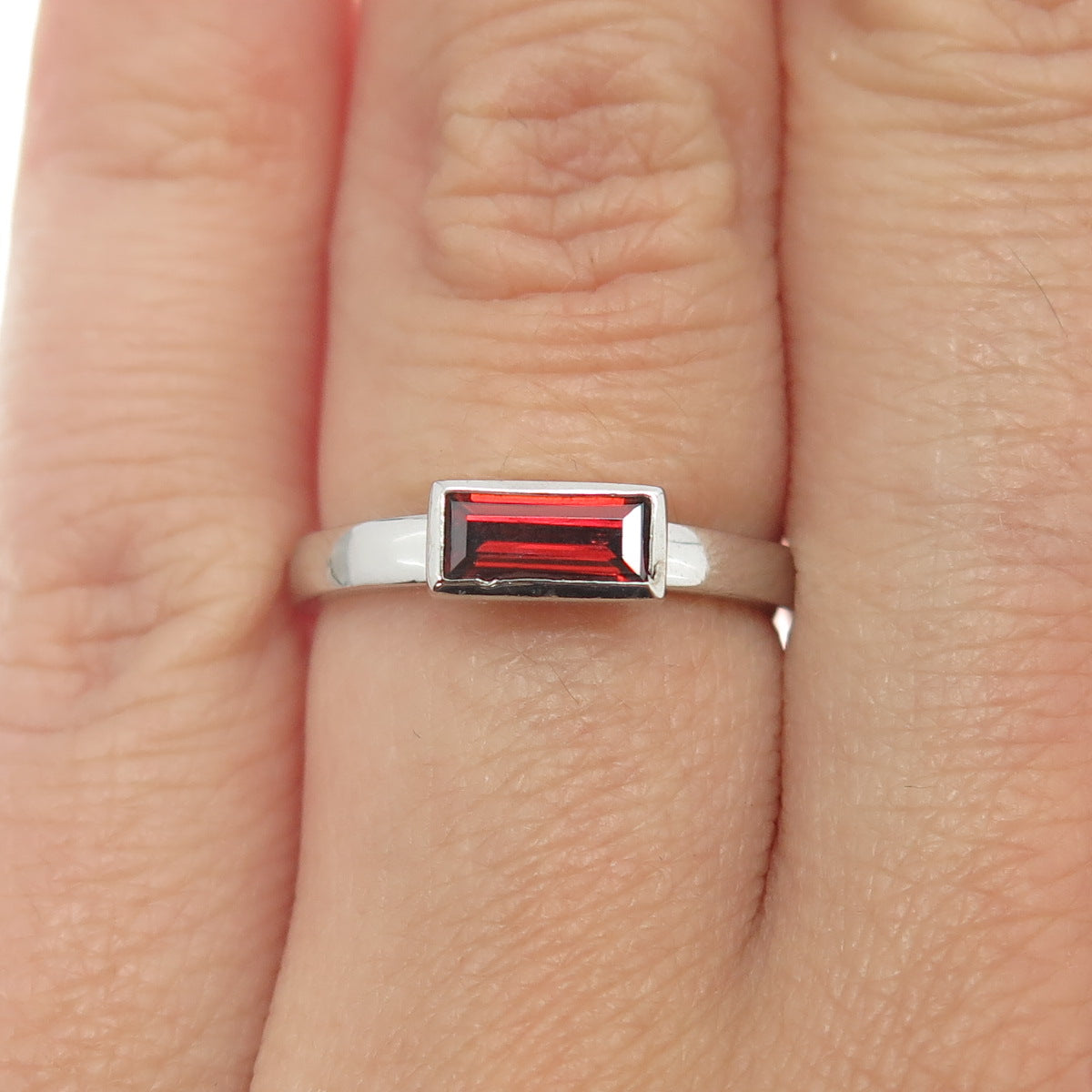 925 Sterling Silver Baguette-Cut Shaped Red C Z Ring Size 5.75