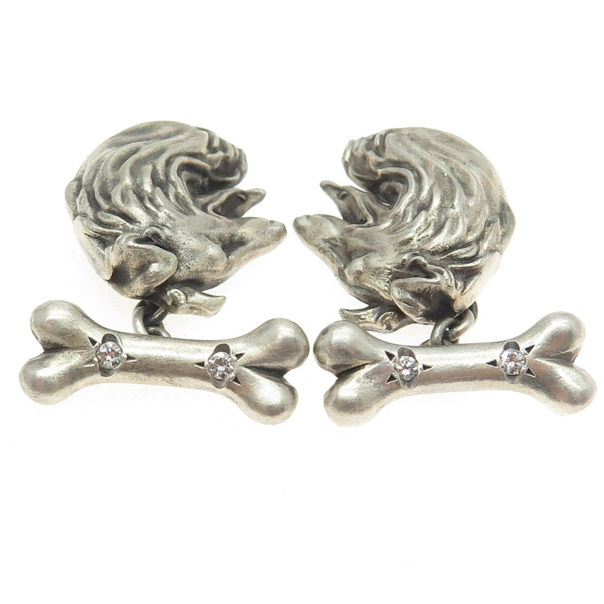 925 Sterling Silver Vintage Real Round-Cut White Diamond Collie Dog Cufflinks