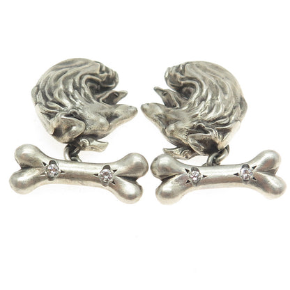 925 Sterling Silver Vintage Real Round-Cut White Diamond Collie Dog Cufflinks