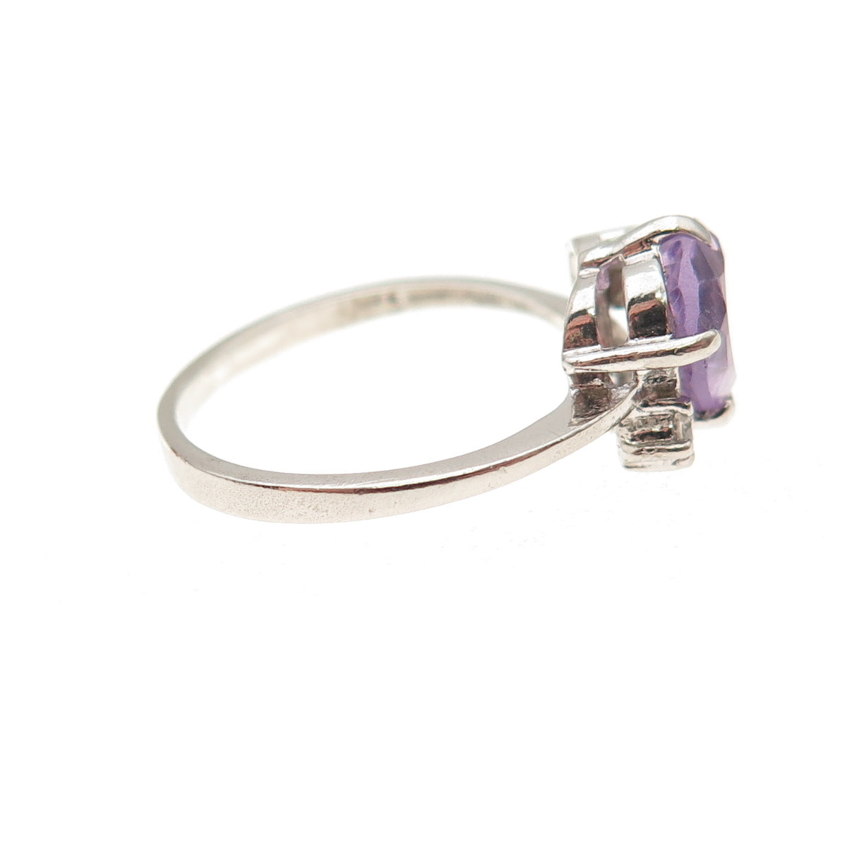 925 Sterling Silver Vintage Real Amethyst & C Z Heart Ring Size 6