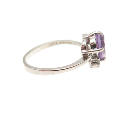925 Sterling Silver Vintage Real Amethyst & C Z Heart Ring Size 6