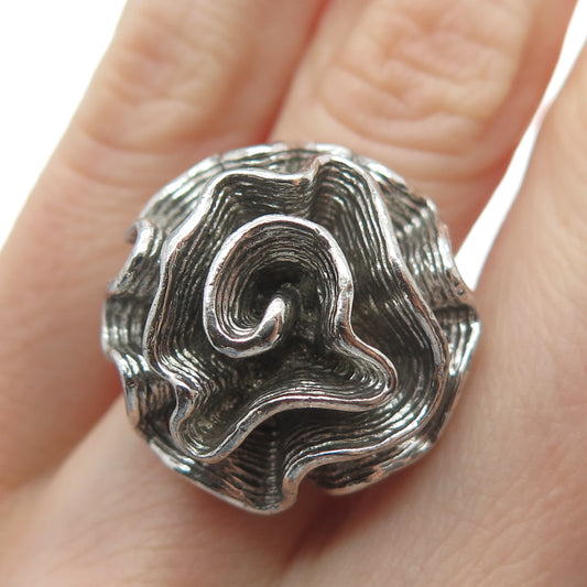 925 Sterling Silver Vintage Modernist Swirl Flower Oxidized Ring Size 9.25