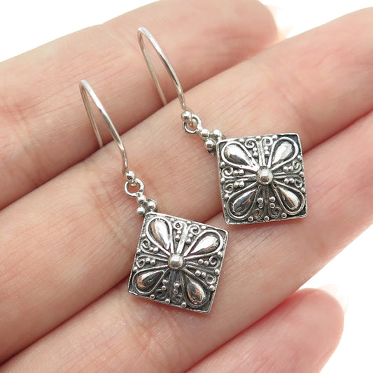 925 Sterling Silver Vintage Granulated Floral Dangle Earrings