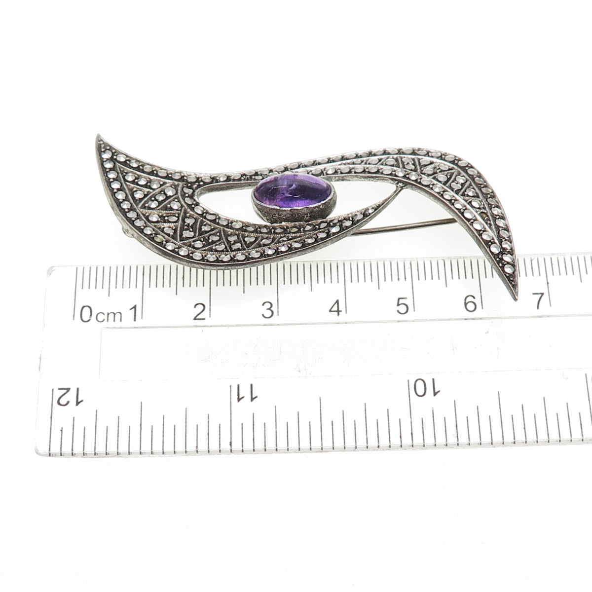 935 Silver Antique Art Deco Real Amethyst & Marcasite Oxidized Pin Brooch