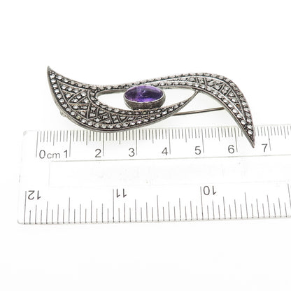 935 Silver Antique Art Deco Real Amethyst & Marcasite Oxidized Pin Brooch