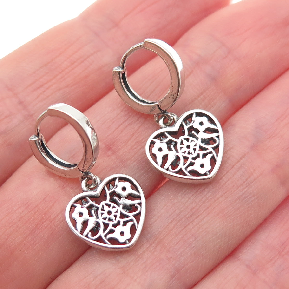 925 Sterling Silver Round-Cut C Z Ornate Heart Charm Hoop Earrings