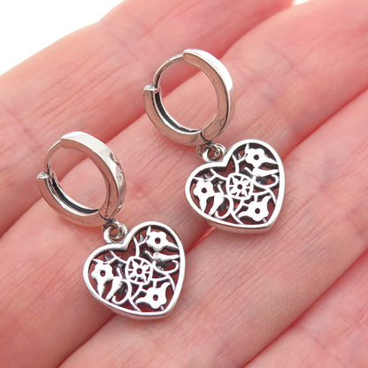 925 Sterling Silver Round-Cut C Z Ornate Heart Charm Hoop Earrings