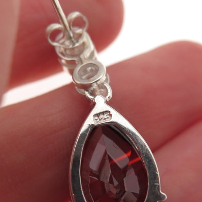 925 Sterling Silver Vintage Real Red Garnet & C Z Teardrop Dangle Earrings