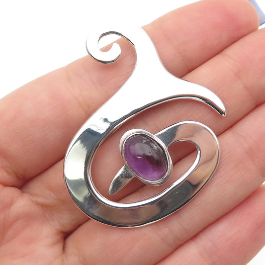 925 Sterling Silver Vintage Mexico Real Amethyst Modernist Spiral Pin Brooch