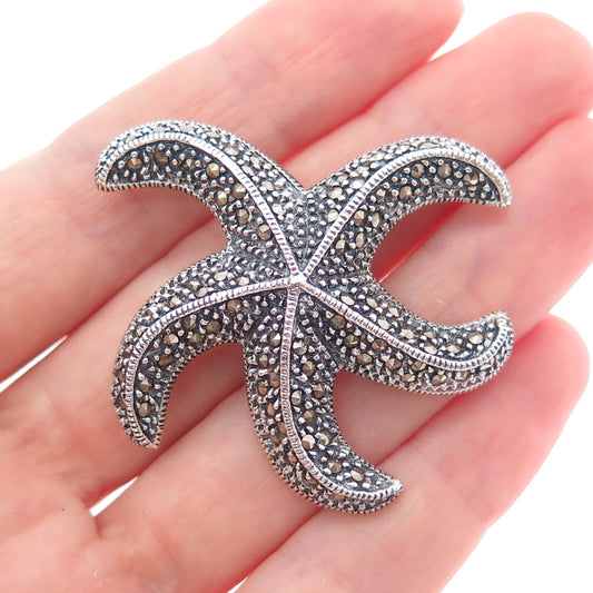 925 Sterling Silver Vintage Real Marcasite Starfish Oxidized Pin Brooch Pendant