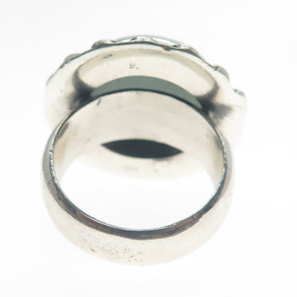 925 Sterling Silver Vintage Real Jade Flower Oxidized Ring Size 7.25