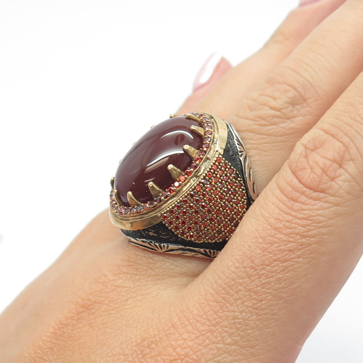 RABBIGFIRLI 925 Sterling Silver Vintage Carnelian Red Garnet Gem Ring Size 11.25