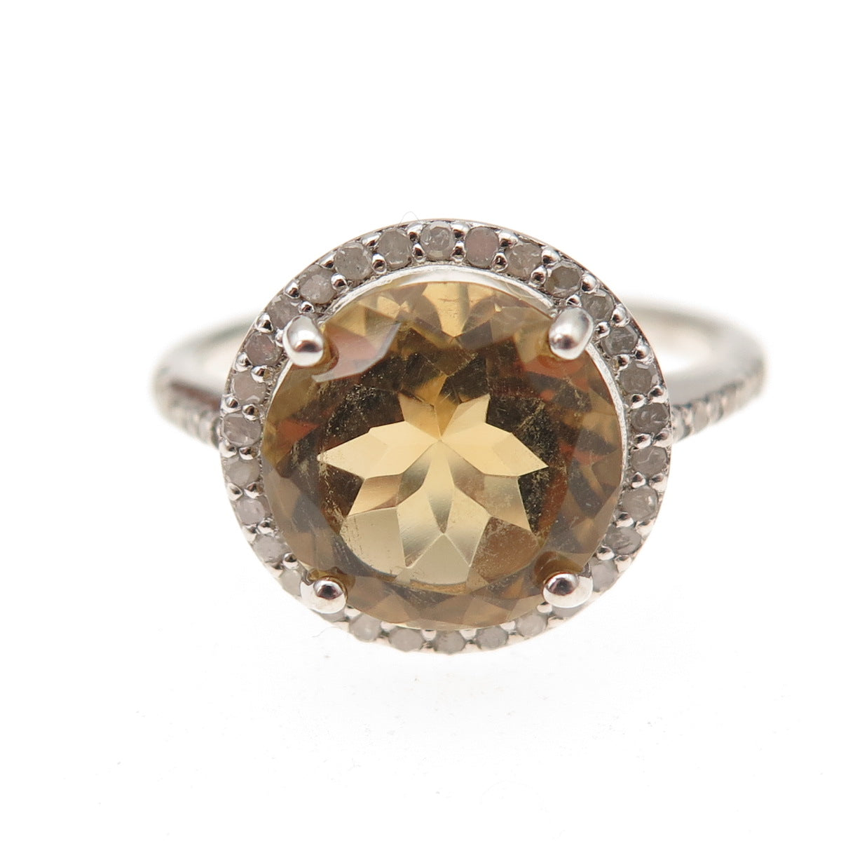 925 Sterling Silver Real Round-Cut Diamond & Smoky Quartz Ring Size 8