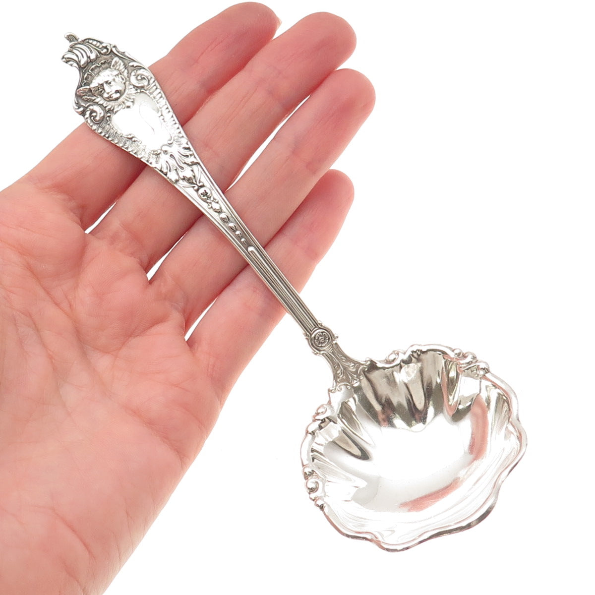 MECHANICS 925 Sterling Silver Antique 1895 Cherub Solid Piece Cream Ladle