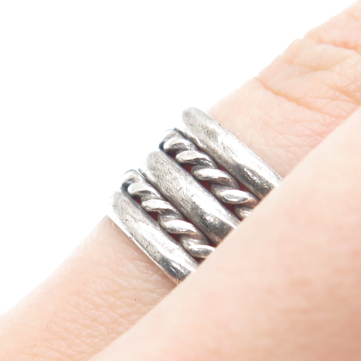 925 Sterling Silver Vintage Mexico Multi-Row Roped Oxidized Band Ring Size 6.25
