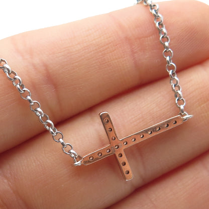925 Sterling Silver 2-Tone Round-Cut C Z Cross Rolo Chain Necklace 19"