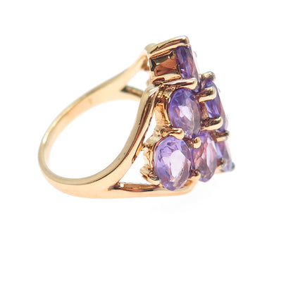 925 Sterling Silver Gold Plated Real Oval-Cut Amethyst Cluster Ring Size 7