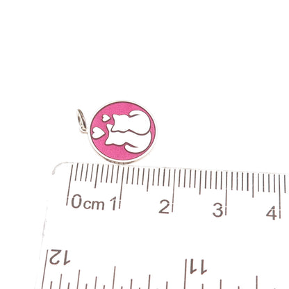 925 Sterling Silver Pink Enamel Cat Couple Round Tag Mini Charm Pendant