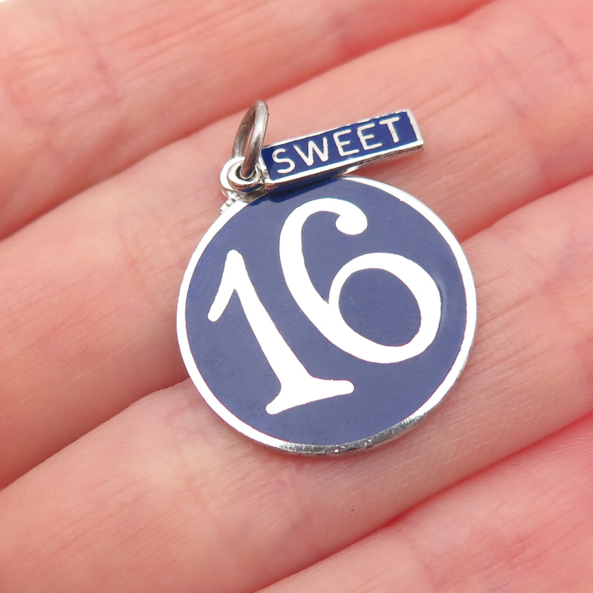 925 Sterling Silver Vintage Enamel Sweet 16 Round Tag Charm Pendant