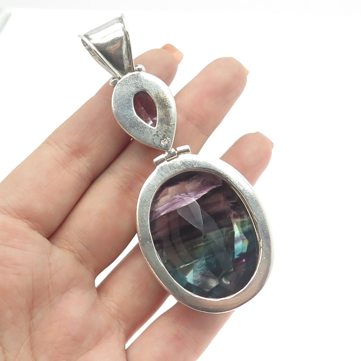 925 Sterling Silver Vintage Pear-Cut Amethyst & Oval-Cut Fluorite Large Pendant