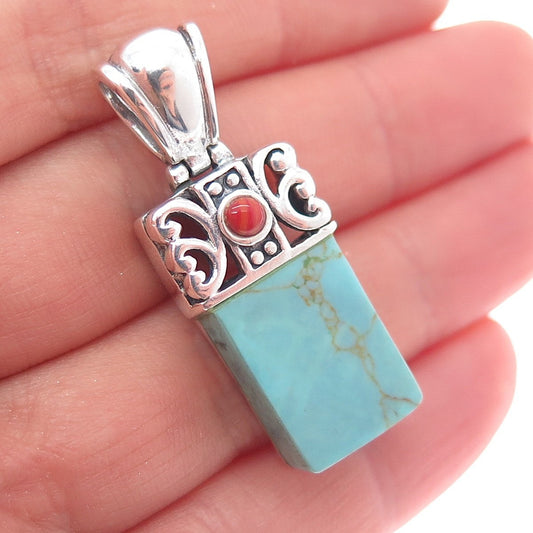 SX Sally C 925 Sterling Silver Vintage Real Tyrone Turquoise & Coral Pendant
