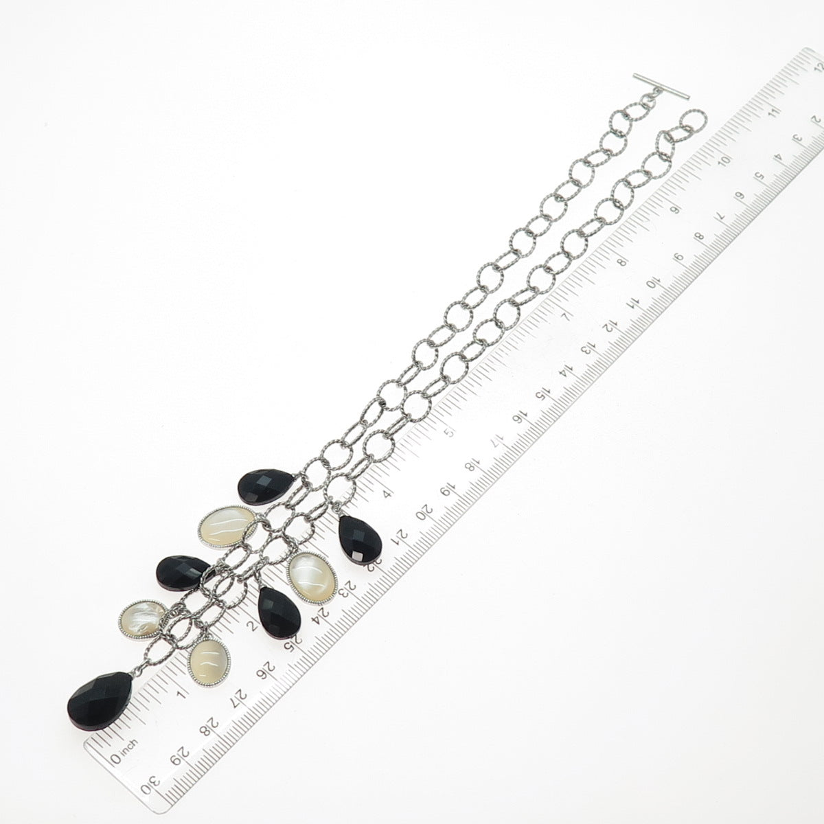 SAI 925 Sterling Silver Vintage Real MOP & Black Onyx Dangle Charms Necklace 18"