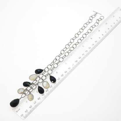 SAI 925 Sterling Silver Vintage Real MOP & Black Onyx Dangle Charms Necklace 18"