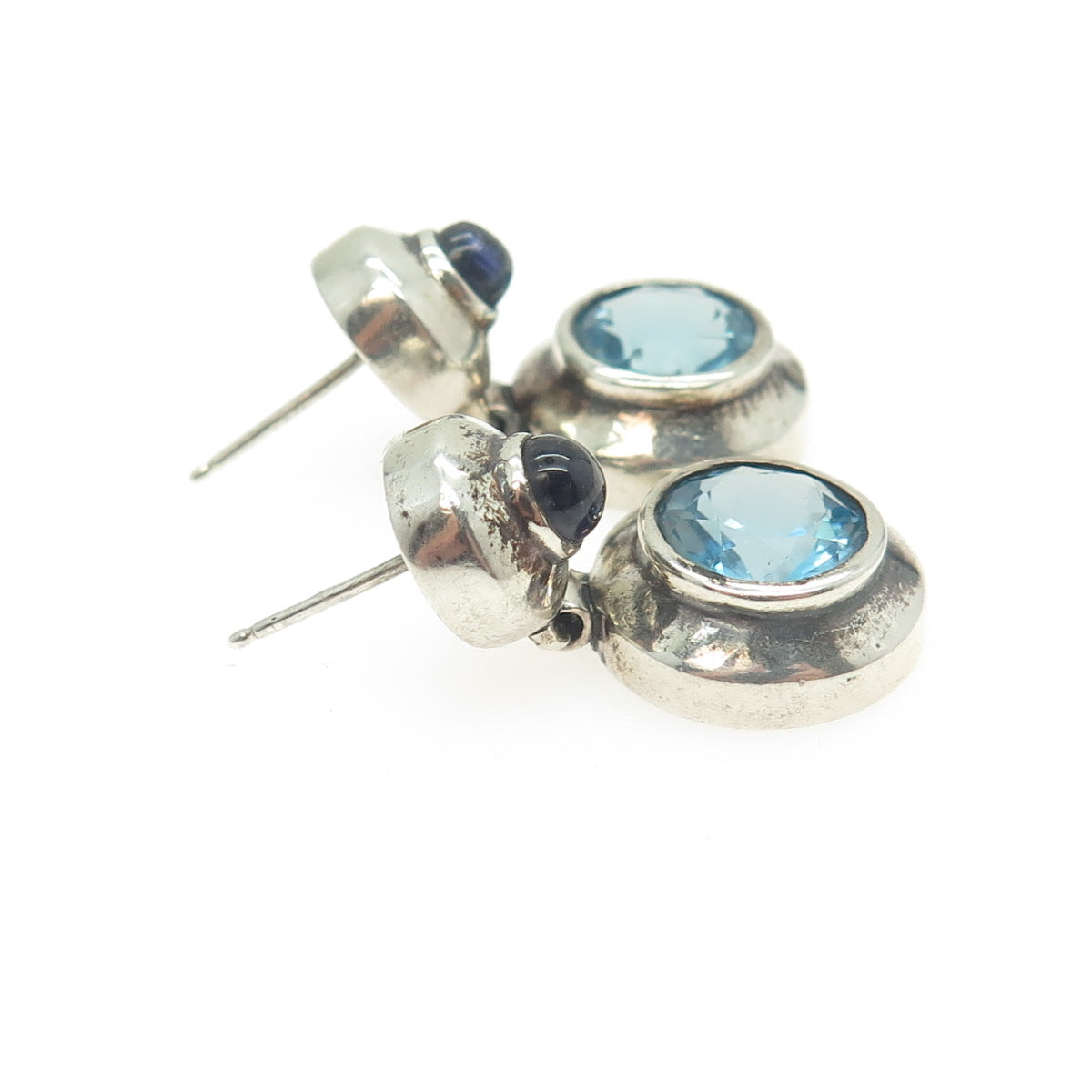 925 Sterling Silver Vintage Real Blue Topaz & Iolite Round Drop Earrings