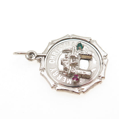 925 Sterling Silver Vintage Rhinestone Merry Christmas Fireplace Charm Pendant