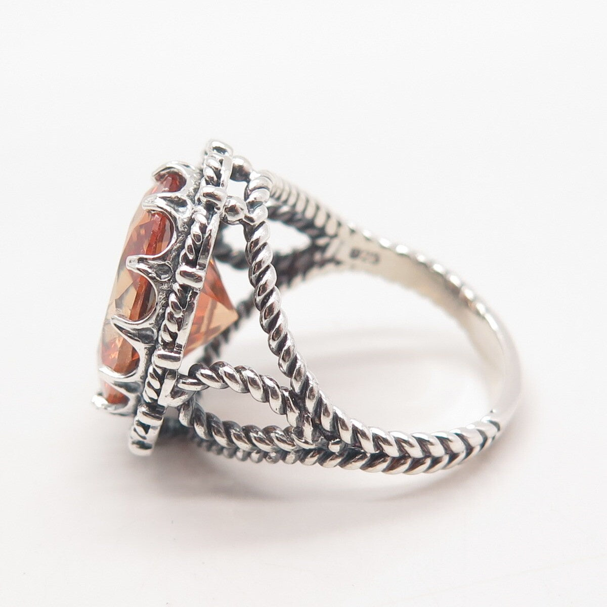 925 Sterling Silver Vintage Champagne C Z Twisted Ring Size 6.75
