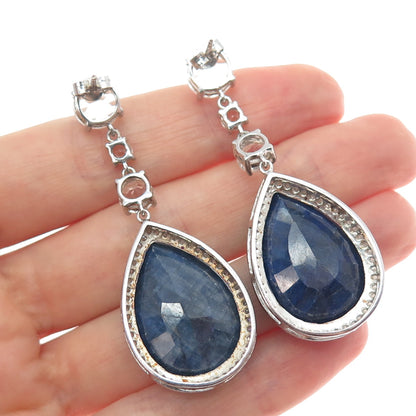 925 Sterling Silver Real Diamond White Topaz & Sapphire Dangle Earrings