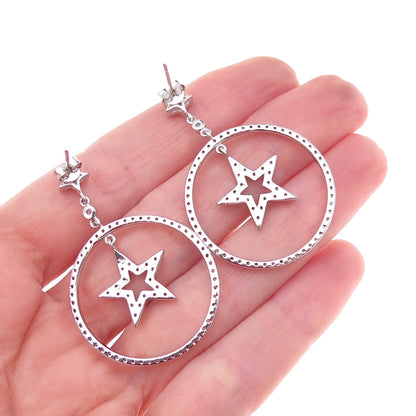 925 Sterling Silver Round-Cut C Z Star Dangle Earrings