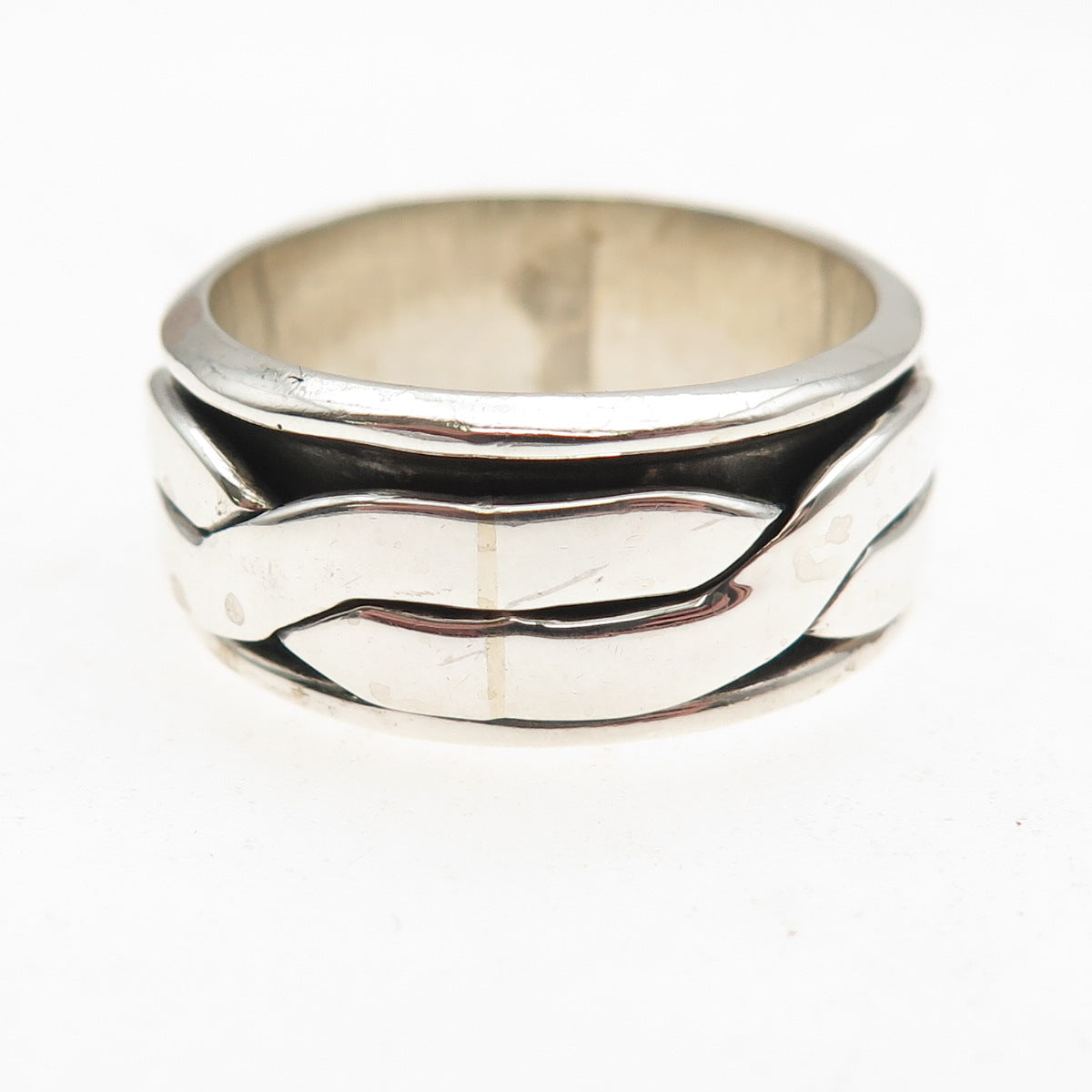 925 Sterling Silver Vintage Mexico Woven Oxidized Rotating Band Ring Size 9.75