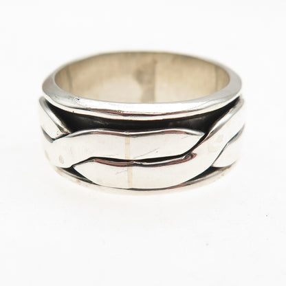 925 Sterling Silver Vintage Mexico Woven Oxidized Rotating Band Ring Size 9.75
