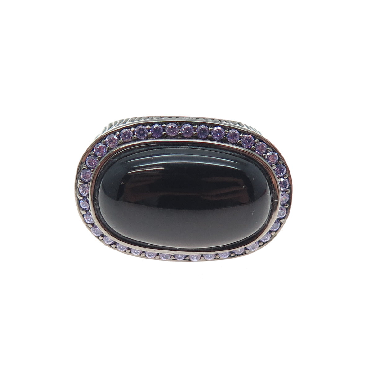 ARZY 925 Sterling Silver Black Rhodium Real Onyx & Purple C Z Ring Size 7.75