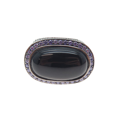 ARZY 925 Sterling Silver Black Rhodium Real Onyx & Purple C Z Ring Size 7.75