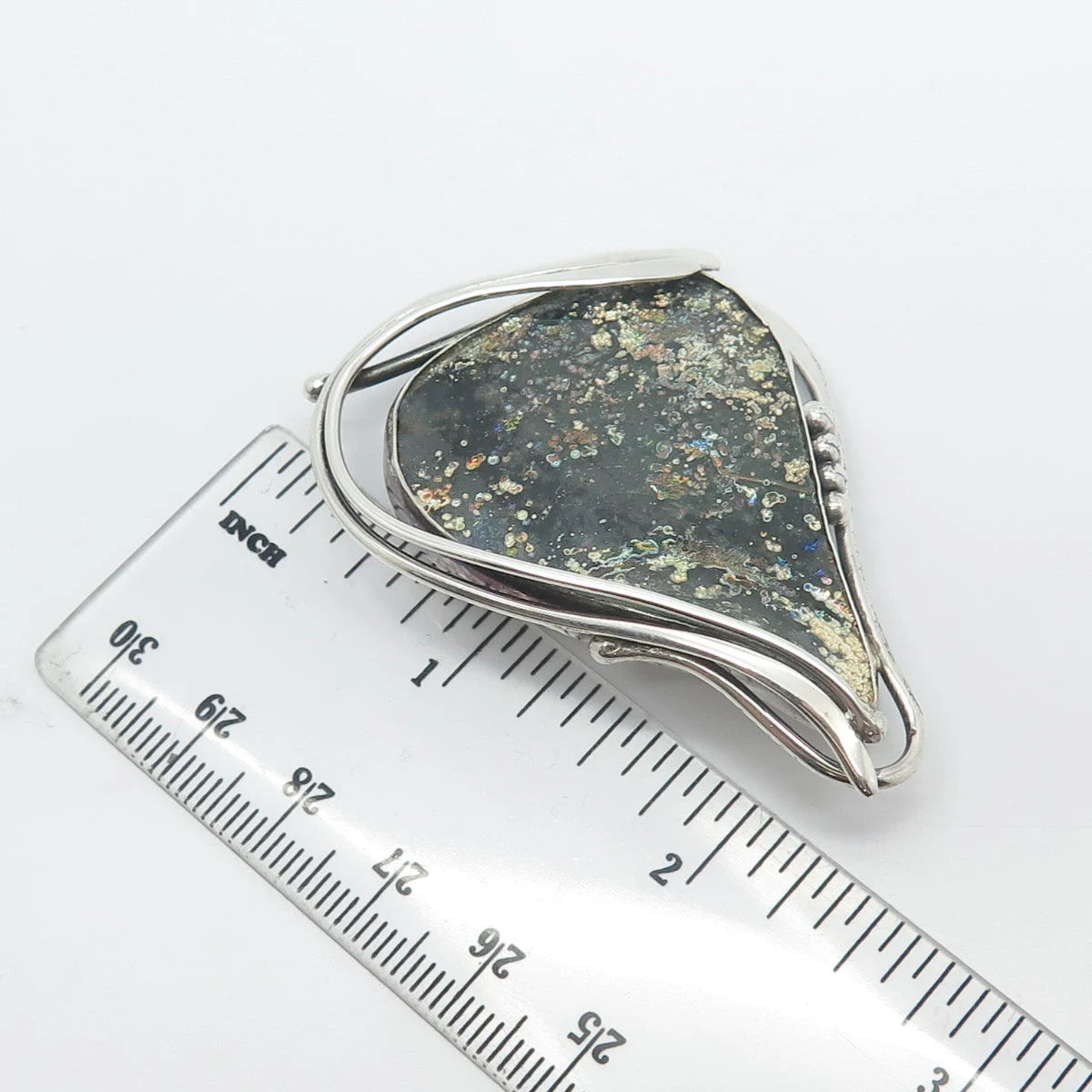 925 Sterling Silver Vintage Roman Glass Beaded Modernist Pin Brooch