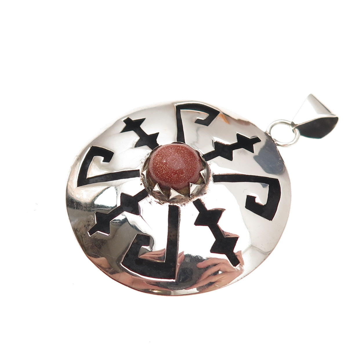 925 Sterling Silver Vintage Mexico Real Goldstone Aztec Shadow Box Pendant