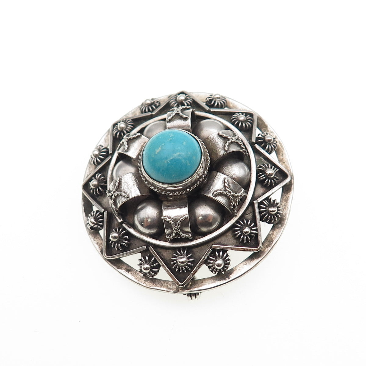 800 Silver Antique Art Deco Italy Real Turquoise Cannetille Oxidized Pin Brooch
